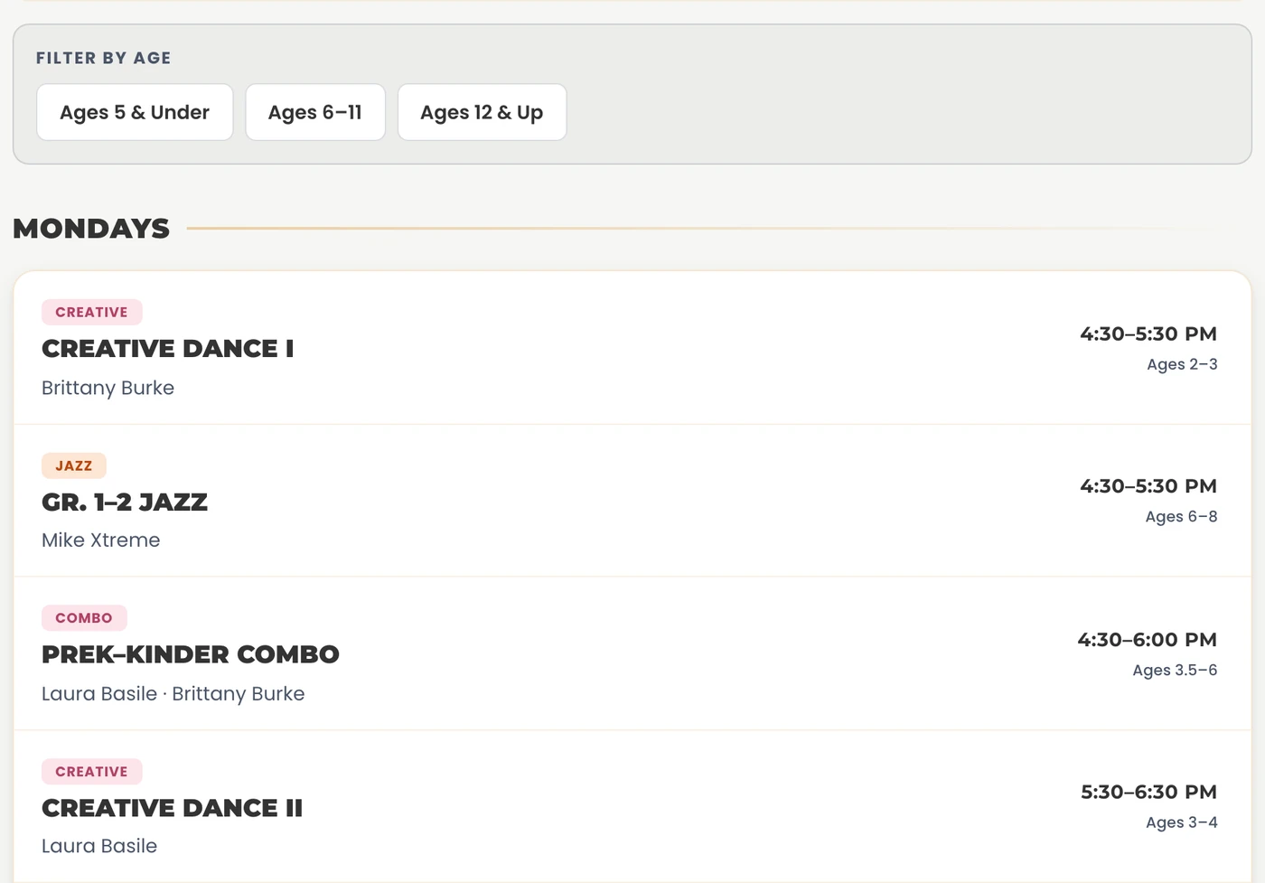 The rebuilt DXNY schedule: age filter buttons above a Monday list of classes, each one showing its dance style, time, age range, and teacher.